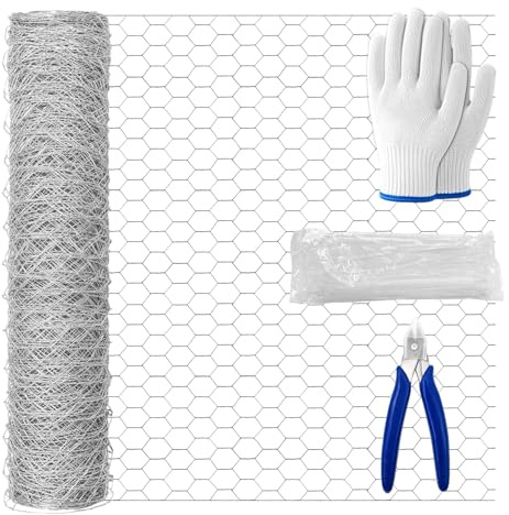 Zeeorymn Chicken Wire Mesh Roll 40cm × 10m, Galvanized Hexagonal Wire Mesh Fencing with Gloves, Cutting Pliers and 100 Cable Ties for DIY Craft, Garden, Pet and Chicken Fencing