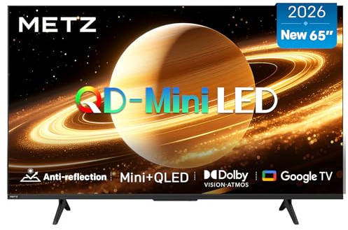 Metz Mini LED Smart TV 65 Pouces (164 cm), QLED, 4K Television Google TV Local Dimming Écran Mat Anti-reflet Dolby Atmos MEMC HDR 10+ Bluetooth DVB-T/T2/C/S/S2 CI+ (MNH7000Z, 2026 Nouveau Modèle)