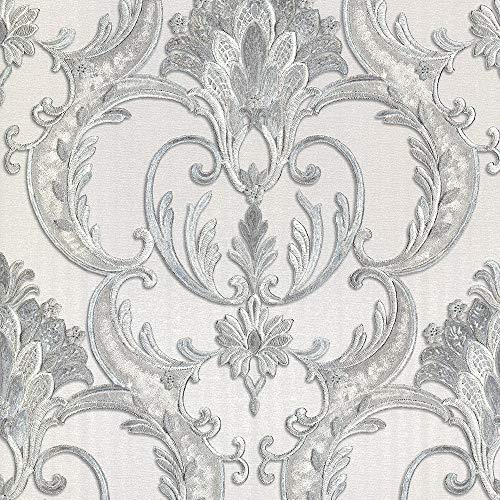 Debona Perla Damask Grey Wallpaper 9091 - Textured Italian Vinyl Glitter