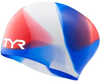 TYR Tie Dye Long Hair Silicone Swim Cap Youth, Red White Blue, NA