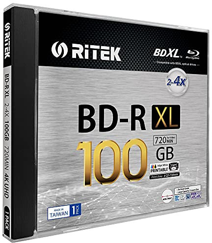 1 Packung Ritek BD-R XL BDXL 100 GB dreischichtige 4 x weiße Tintenstrahl-Hub, bedruckbare Blanko-Disc mit Standard-Schmucketui
