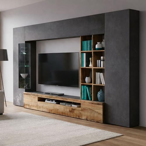 Dmora Parete Attrezzata Ocean 40x290x192h cm Grigio Ardesia 20 Ripiani 6 Ante, Apertura Battente e a Ribalta Made in Italy
