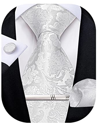 DiBanGu Silk Tie Paisley Floral Necktie Set for Men Formal,White