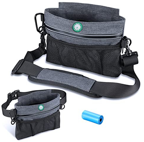 Brifit Pet Out Dog Treat Pouches, Removable Inner Double Pocket, Dispenser Dog Food Walking Bag with Magnetic Closure, Adjustable Shoulder Belt, Built-in Poop Bag (1 Roll Waste Bags)