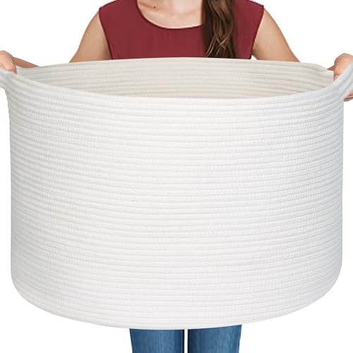 MEGASKET Cesto portaoggetti in corda bianca, 55,9 x 55,9 x 35,6 cm, extra large, per soggiorno, in corda di cotone morbido, cesto per giocattoli, cesti XXXL per organizzare, cesto portabiancheria in