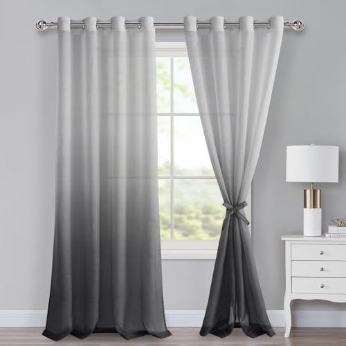 XWZO Voile Gardinen mit Ösen Vorhänge Farbverlauf Vorhang Sheer Ombre Gardinen 2 er Set für Schlafzimmer und Wohnzimmer Schlaufengardinen mit Raffhalter H260xB140cm Grau