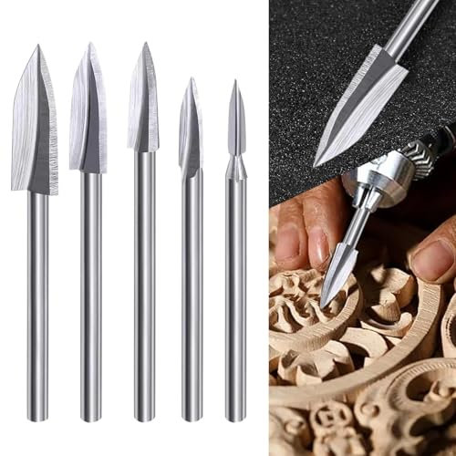 WEDAMOO Holzschnitzwerkzeuge, 5 Stück HSS Gravierwerkzeug, Schnitzmesser Set, Gravierbohrer Holz für Dremel Rotationswerkzeuge Zubehör, 1/8 Schaft Universelle Werkzeug für Holz Schnitzen, Bohren
