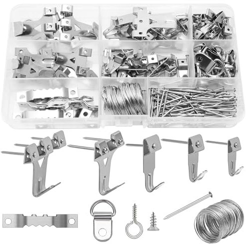 Kit gancio per appendere quadri, 220 pezzi, in ferro e metallo, resistenti, in legno, cartongesso, set con chiodi e anelli a D
