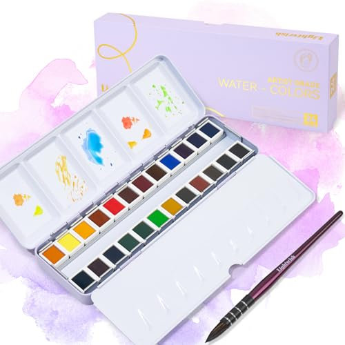 LIGHTWISH Artist Grade Aquarellfarben-Set, 24 Farben Künstlerqualität, tragbarer Metallkoffer mit Palette und Aquarellpinsel, ideal für Studenten, Hobbyisten und Künstler