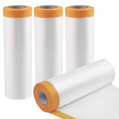 HRJZF 4 Pack Dust Sheets Roll - 4mx20m Self-Adhesive Plastic Dust Sheets Roll,Pre-taped Masking Film,Waterproof Tape and Drape for Painting, Decorating, Furniture Covering