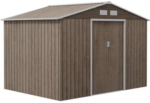 Outsunny Casetta da Giardino 5m² in Acciaio Zincato con kit Fondazione, Prese d'Aria, Capanno da Giardino con Tetto Inclinato, Doppia Porta Scorrevole Bloccabile, Capanno Porta Attrezzi Marrone Chiaro