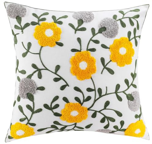 Funda de almohada bordada de flores jacquard para cojín, sofá, decoración del hogar, funda de almohada con cremallera oculta (flores, 45 x 45 cm)