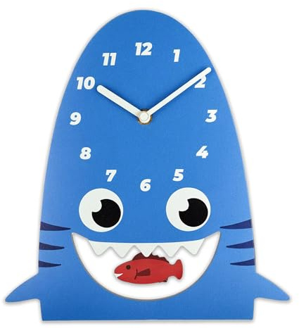 Lily's Home Shark-Shaped Wall Clock with Fish Pendulum - Playful 10.8'' Room Decor for Kids - Battery-Powered - Ideal Gift for Birthdays & Holidays - Fun Bedroom, Living Room, or Nursery Accent