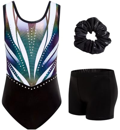 JiAmy Gymnastik trikåer för flickor glittrande balettdans kläder med shorts scrunchie 3-delat set 3-12 år