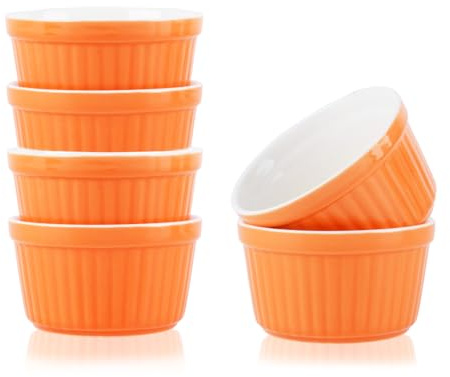 Creme Brulee Bowls, Pack of 6, 200 ml Souffle Moulds, Oven Safe, Cream Brulee Ramekin Soufflé Cups for Baking, Creme Brulee Bowls, Ceramic Moulds Oven Safe Cases (Orange)