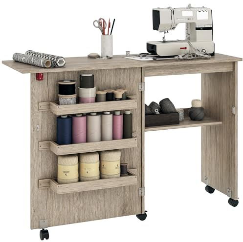 HOMCOM Table de Couture Pliante À Abattant 117x40x77,5cm Effet Bois Grisé | Meuble Couture avec Bacs de Rangement, Étagère Ouverte, Roulettes, Meuble pour Machine à Coudre, pour Salon, Bureau