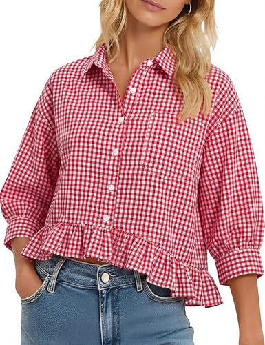 LOMON Button Down Blouses for Women Dressy Casual 3/4 Sleeve Tops Cute Collared Shirts Going Out Summer Tops Red Plaid L