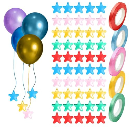 Juego de 55 pesas para globos y cinta, pesas para globos de helio, 50 globos en forma de estrella con 5 rollos de cinta de 10 m para decoraciones de cumpleaños, bodas y fiestas