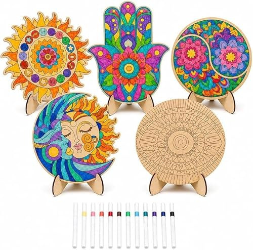 ROLLL Set di 5 set da pittura con mandala, set da pittura mandala in legno con penne, fai da te in legno grezzi fai da te, dipingi il tuo lavoro fai da te in legno per adulti, decorazione da tavolo