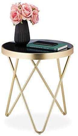 Relaxdays Beistelltisch rund, trendiger Couchtisch, Metall & Glas, Hochglanz, Retro-Design, HxD: 46x42 cm, schwarz-gold, 1 Stück