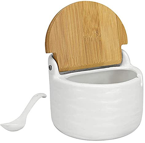 Sugar Bowl Ceramic Sugar Pot Jar Salt Cellar Condiment Pots Tea Caddy Container with Reversible Bamboo with Lids Spoon for Spice White