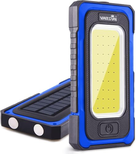 WARSUN Akku Arbeitsleuchte LED COB KFZ Werkstattlampe Handlampe Akku-Lampe Inspektionsleuchten Solar 1500 Lumen mit USB-Powerbank-Funktion Outdoor Camping Notfall (USB+Solaraufladung,blau)