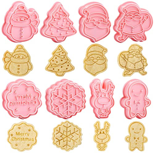 8 Stück Weihnachten Keksausstecher, 3D Ausstechformen Plätzchen Ausstecher Set mit Prägeform für Keks, Weichobst, Sandwichkäse, Tortendeko
