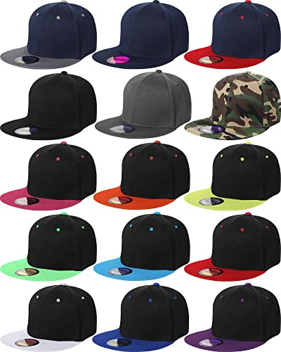 JaGely 15 Pack Snapback Hats for Men Hip Hop Style Solid Baseball Hats Adjustable Snapback Cap Flat Brim Baseball Caps(Mixed Colors)