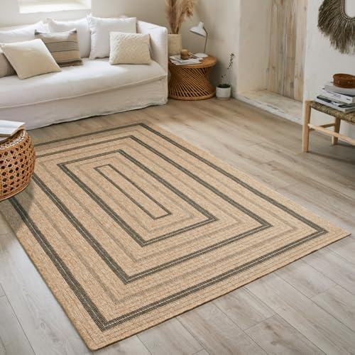 Nature 8863 - Alfombra, natural, Bohemia, con aspecto de yute, para sala de estar, dormitorio, pasillo y exterior, color natural (120 x 170 cm, negra)