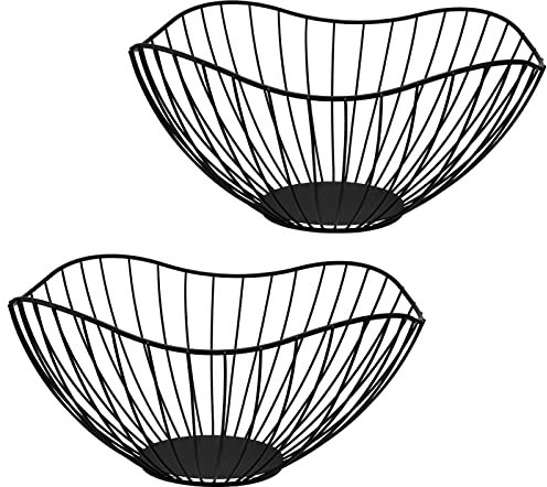 HEIHAK 2 PCS Black Wire Fruit Bowl, Metal Wire Fruit Basket for Snack, Vegetable, Kitchen Countertop Decoration