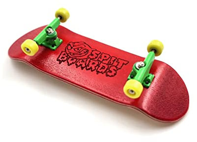 SPITBOARDS 32mm Fingerboard Complete Real Wood Set-Up (Pre-Assembled, 5-Layers), Trucks with Nuts, Bearing Wheels, Foam Grip Tape, (Deck: red, Trucks: Green, Wheels: Yellow)