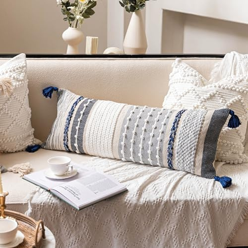 BlissBlush Navy Dark Blue Boho Decorative Lumbar Pillow Cover 14x36, Long Body Pillow for Bed, Accent Lumbar Throw Pillow for Couch, Modern Farmhouse Textured Pillowcase