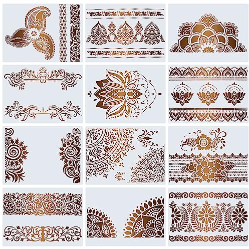 Mandala Stencil for Crafts Reusable Flower Border Stencils 12 Pcs Floral Edge Stencils Mandala Templates Stencils for Furniture Painting on Wall Tile Wood Window Home Decoration