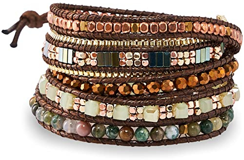 G2F DESIGN Bracelet for Women – Handmade Vegan Boho Natural Stone Layered Bracelet, Thailand Bohemian Stackable Beaded Wrap Bracelets (A9-Forest)