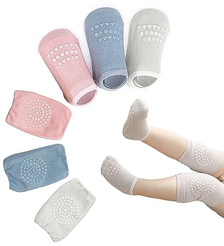 Knieschoner zum Krabbeln, 3 Paar Anti-Rutsch Socken und 3 Paar Knieschoner für Mädchen und Jungen - Krabbelhilfe Mit Anti-Rutsch-Noppen für Sicheren Halt, 0-24 Monate