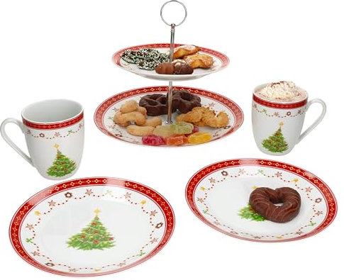 MamboCat Service de petit-déjeuner 5 pièces - Présentoir à 2 personnes - 1 présentoir à 2 étages - 2 tasses à café de 340 ml et 2 assiettes à petit-déjeuner en porcelaine - Tasse à vin chaud -