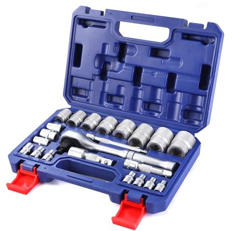 WORKPRO Caja Herramientas, Juego de Llaves de Vaso de 22 Piezas con Mango de Trinquete, Llave de Carraca de 1/4”, 3/8”, 1/2”, Llaves de Vaso Métricas de Acero C-V con Barras de Extensión, con Estuche
