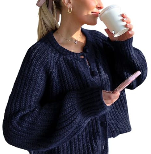 Wyeysyt Womens Cardigan Sweater Button Down Long Sleeve Chunky Soft Knit Sweater Fall Open Front Loose Casual Cardigan Coat(Navy-S)