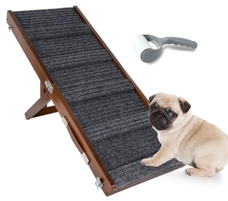 Umtiti Rampa portátil plegable para mascotas con marco de madera marrón. 4 niveles ajustables de 9 a 17.3 pulgadas con alfombrilla de tracción antideslizante de 5 patas para perros pequeños y