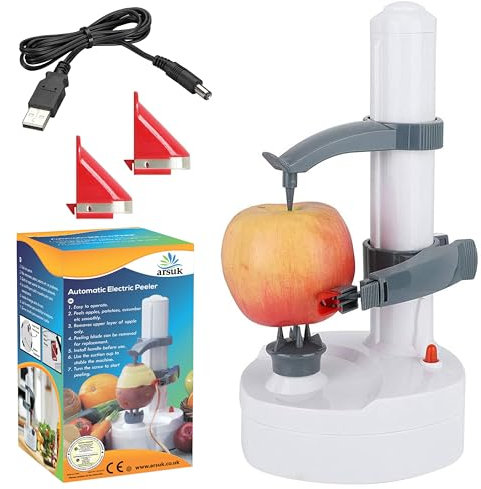 ARSUK Elettrico Mela Pelapatate - Automatico Rotante Mela Pelapatate Verdura Fresa Acciaio Inossidabile Cucina Macchina Peeling Attrezzo (Bianco)