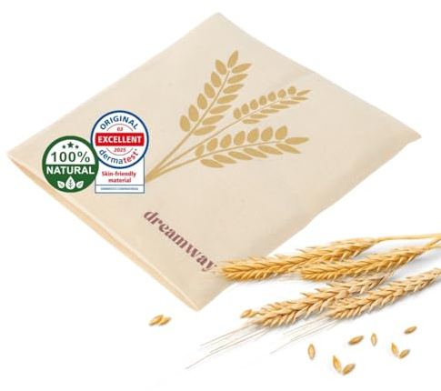 Dreamway - Cuscino riscaldante per microonde con semi di grano 21x21 cm - Cuscino termico naturale per dolori al collo, schiena e spalle - Fodera lavabile 100% cotone