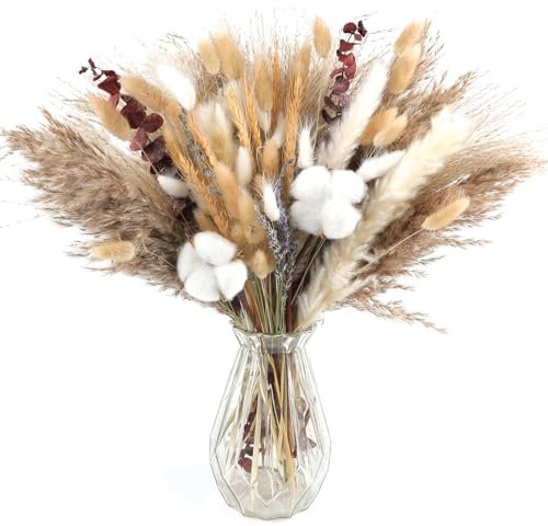 RumonZS Cotton Dried Pampas Bouquet Flowers 95pcs Brown White Natural Pampas Grass Plants Dried Bouquet Flowers Boho Wedding Decoration,Home Table Vase Decor for Room Farmhouse Party Decoration