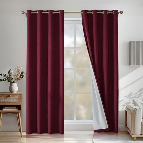 CYCMACO 100% Mörkläggningsgardiner 2 Stycken, 140x300cm, Linneeffekt, Värmeisolerade Interiörgardiner Med Ringar, Ljudabsorberande, Sovrumsgardin, För Vardagsrum, Bourgogne