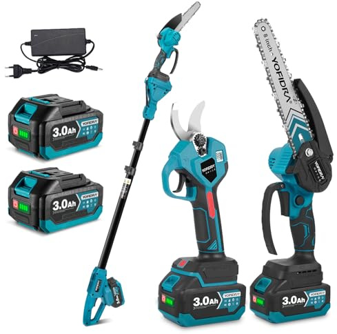 Yofidra Kit de Tijeras de Podar Telescópicas y Motosierra Telescópica a Batería, Podadora de Altura 4 en 1 con 2 x 3,0 Ah Baterías, Motosierra de 8, Podadora de 30 mm, Altura de Trabajo hasta 4,2 m