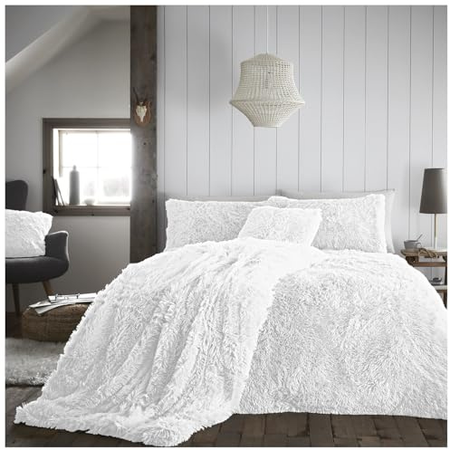 GC GAVENO CAVAILIA Fluffy Faux Fur Shaggy Double Duvet Cover Set - White | Hug & Snug Fluffy Bedding Set With Pillow Case, Thermal Warm Cosy Comforter Quilt Cover Set With Matching Pillowcases