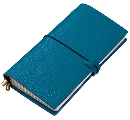 WANDERINGS Regular Size Travelers Notebook with Pockets - 4.5 x 8.5 (11.5 x 22cm) - Refillable Travelers Journal - Beautifully Handcrafted, Blue Leather Journal, Includes 100 GSM Blank Inserts