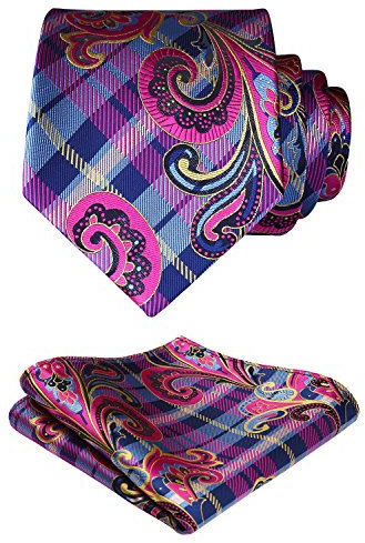 HISDERN Herren Krawatte Paisley Blumen Hochzeit Krawatte & Einstecktuch Set Pink Blau