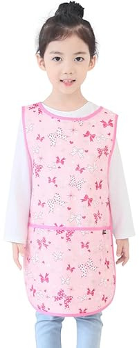 Plie Kids Painting Apron – Waterproof Art Smock for Toddlers & Preschoolers, Messy Play, Baking, Crafts, Cooking, Sensory Activities, Mealtime (Ages 1–10), Pink Ribbon (39-M)