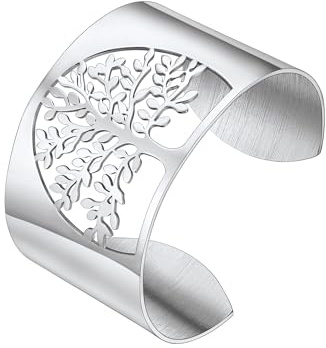 PROSTEEL Bracelet Manchette Ouvert avec Motif Repercé Arbre de Vie Bijoux Fashion en Acier/Plaqué Or/Métal Noir pour Femme Fille