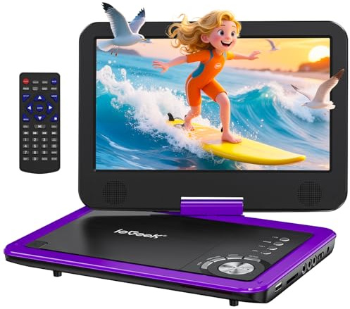 ieGeek Portable DVD Player 12.5, with 10.5 HD Swivel Screen, Car Travel DVD Players 5 Hrs Rechargeable Battery, Region-Free Video Player for Kids Elderly, Remote Control, Sync TV, USB&SD, Purple